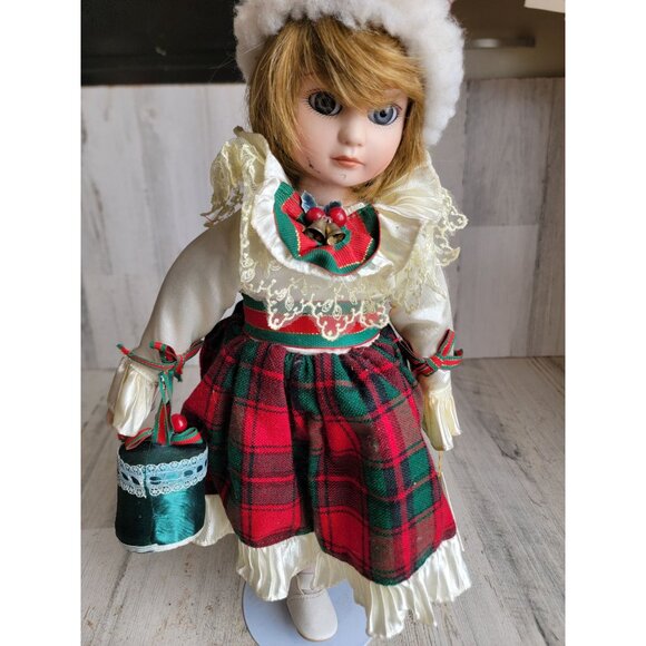 Victorian porcelain Cathy doll Xmas home decor unique plaid - Picture 2 of 10